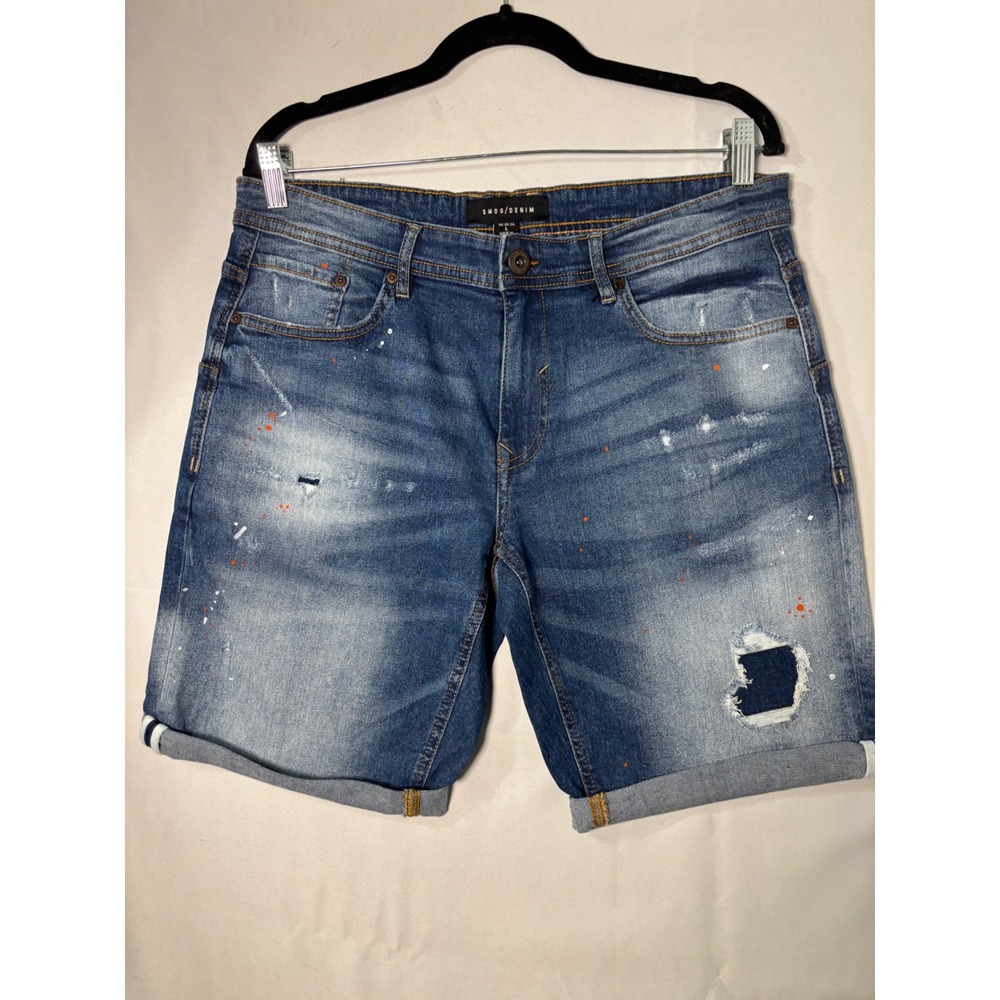Smog Denim Mens Distressed Paint Splatter Jean Shorts Blue Size L Cuffed Street